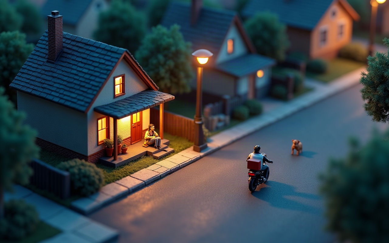 Maqueta de una calle residencial al anochecer vista desde arriba, con una mujer adulta sentada en el balcón de la casa mirando el celular, un repartidor en moto pasando por la calle sin mirar a los costados y un perro pequeño solo en medio del asfalto