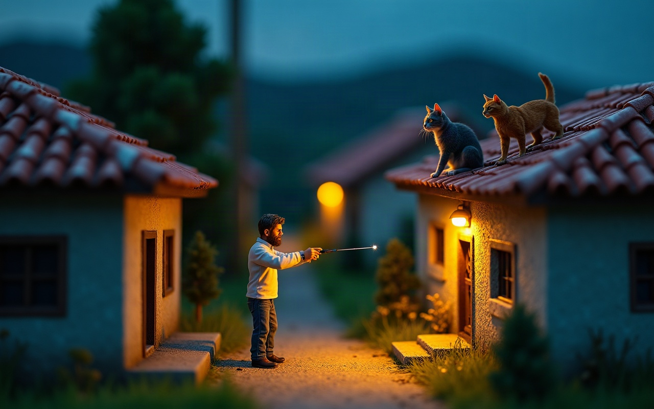 Maqueta de un hombre con barba en un callejón al anochecer, apuntando la linterna hacia el techo de una casa vecina, donde un gato naranja se acerca a una gata gris