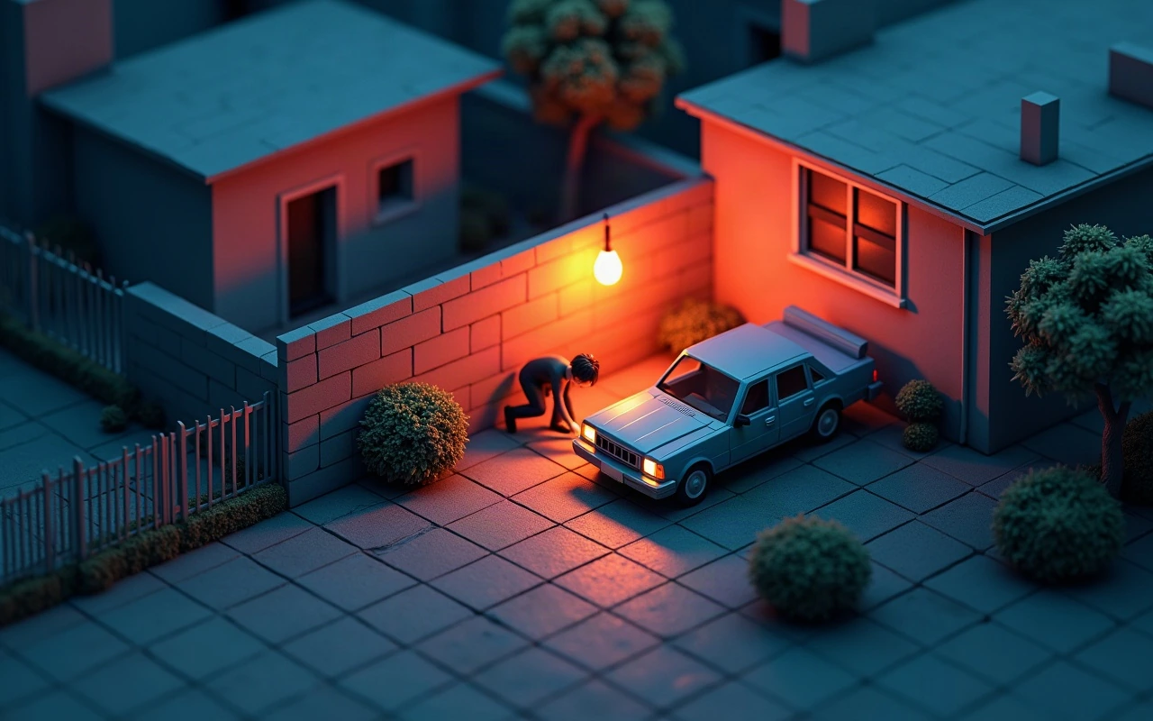 Ilustración isométrica de un patio de noche, con una persona agachada usando una linterna para buscar debajo de un auto estacionado