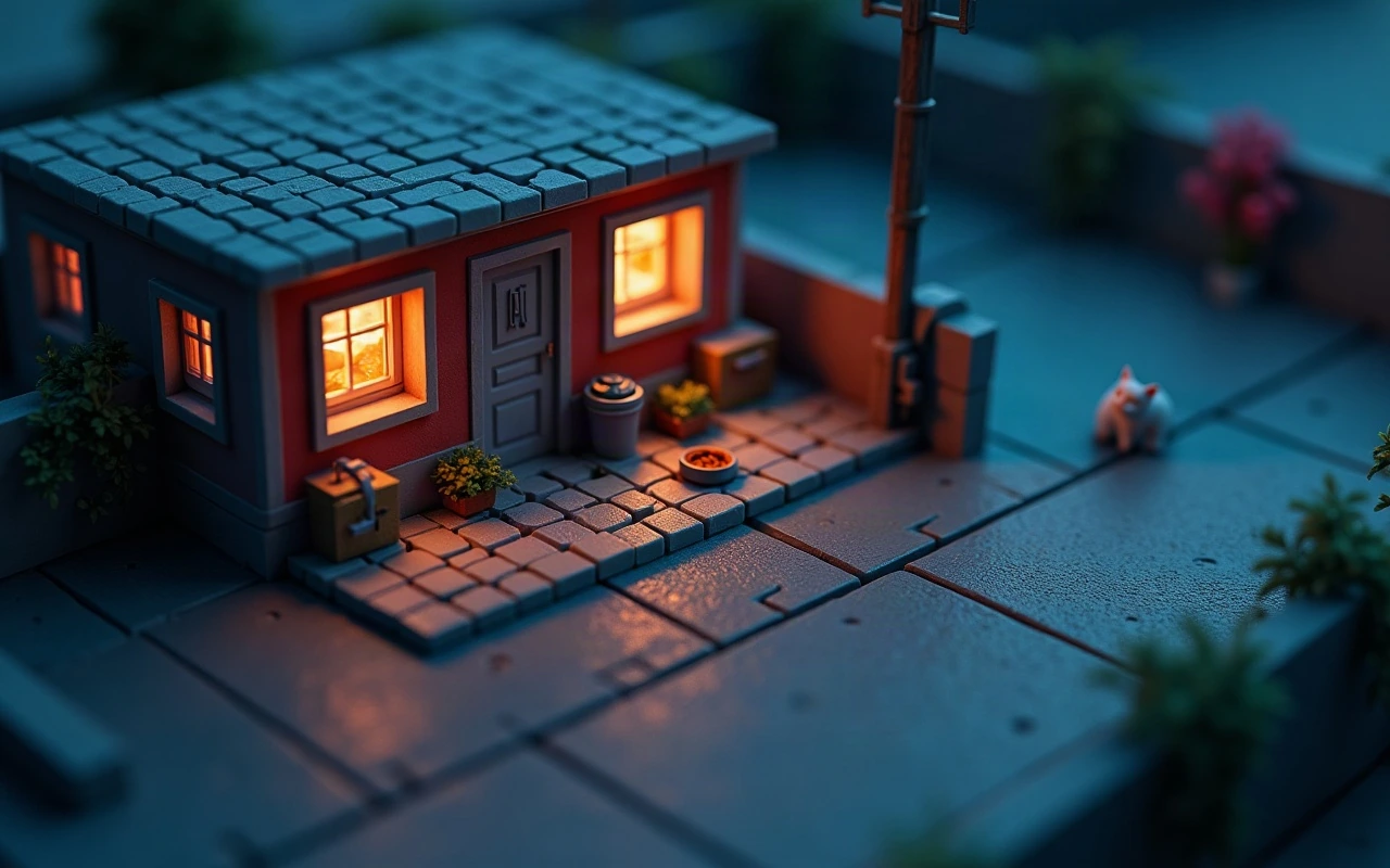Ilustración isométrica de una casa con las ventanas iluminadas de noche, un plato de alimento dejado en la vereda frente a la puerta y un gato parado a lo lejos, del otro lado de la calle vacía