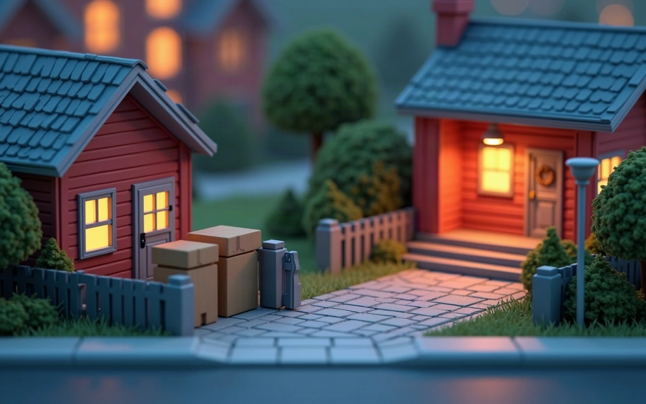 Ilustración isométrica de dos casas vecinas con las ventanas iluminadas al atardecer, cajas de mudanza cerradas apiladas en la vereda entre ellas y la calle vacía en primer plano