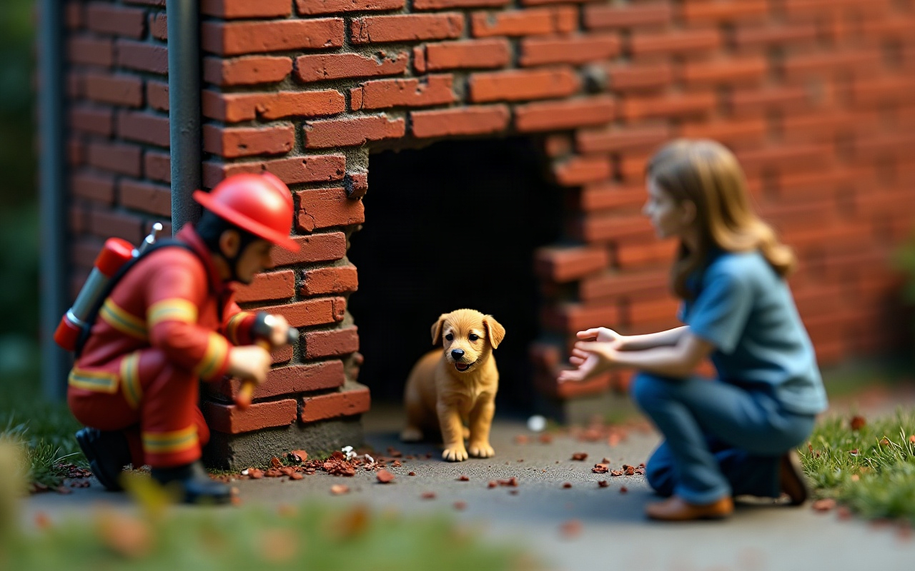 Bombero agachado con una herramienta al lado de un agujero abierto en un muro de ladrillos, del que sale un cachorro, mientras una tutora de rodillas le extiende las manos
